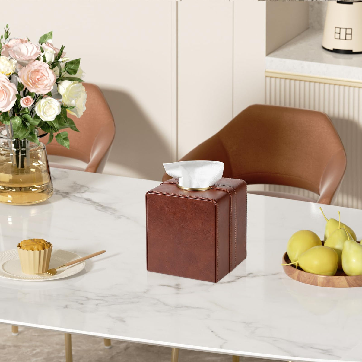 Cretkhp Luxury Square Tissue Box Cover, PU Leather Tissue Box Holder with Magnetic Closure and Gold Decorative Grommets for Bathroom Bedroom, Decorative Elegant Cube Tissue Holder (Brown)