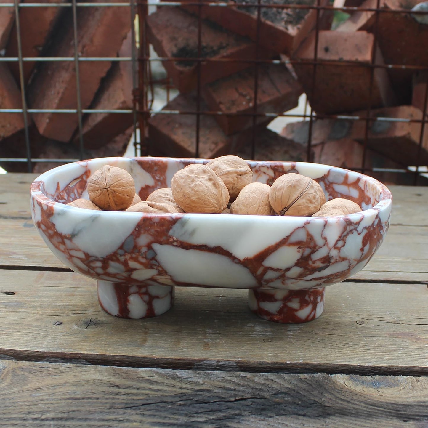 Nawgnail Natural Oval Calacatta Red Marble Fruit Bowl for Kitchen Counter 10", Large Decorative Bowl Two-Legs for Home Decor, Fruits Holder For Dining Table - Kitchen Organization