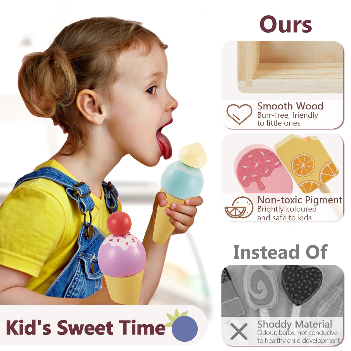 HERSITY Wooden Ice Cream Stand for Kids, Ice Cream Popsicle Toy Pretend Play Food Kitchen Accessories Playset Lolly Shop Games for Toddlers Girls Boys 3 4 5 Years Old