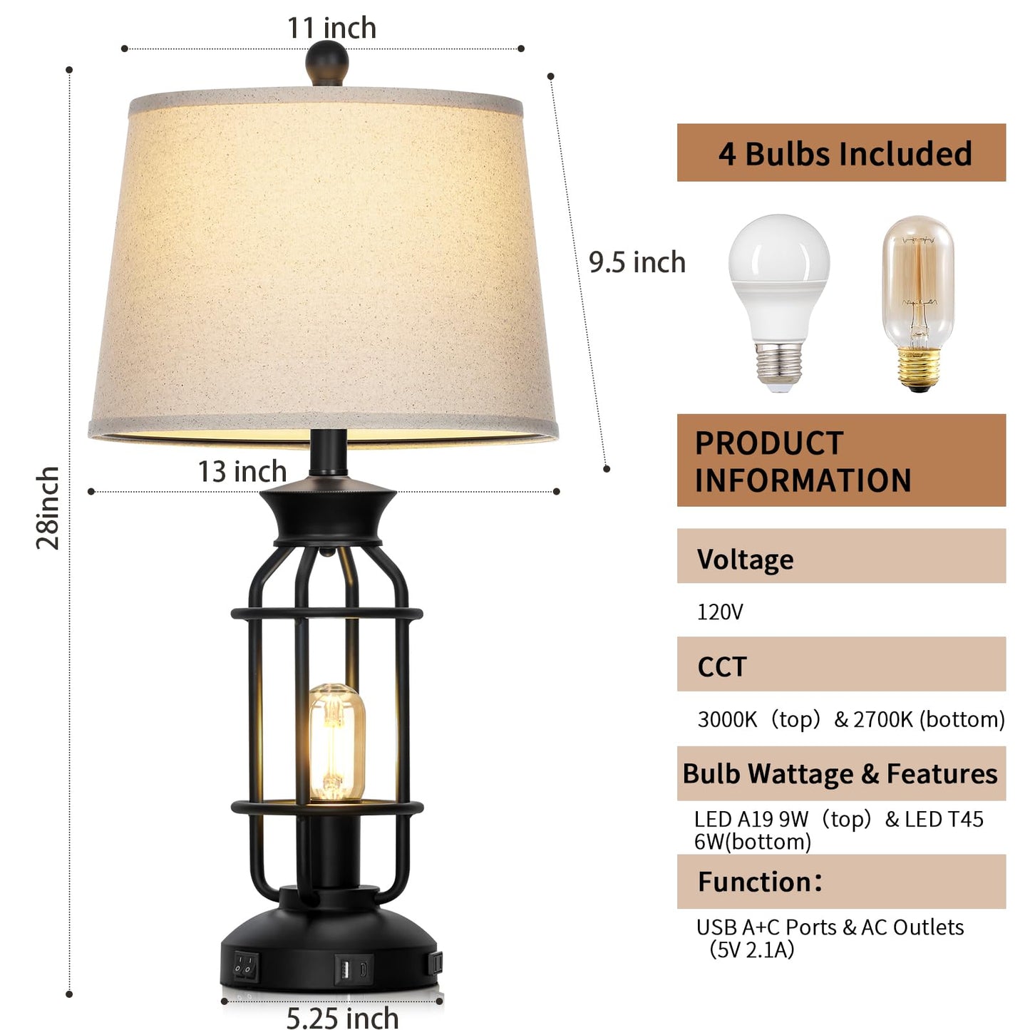 28" Vintage Table Lamps with USB C+A Ports & AC Outlet, Industrial Farmhouse Table Lamp Set of 2, Black Modern Nightstand Beside Lamps with 2 Night Light for Living Room Bedroom(4 LED Bulbs Included)