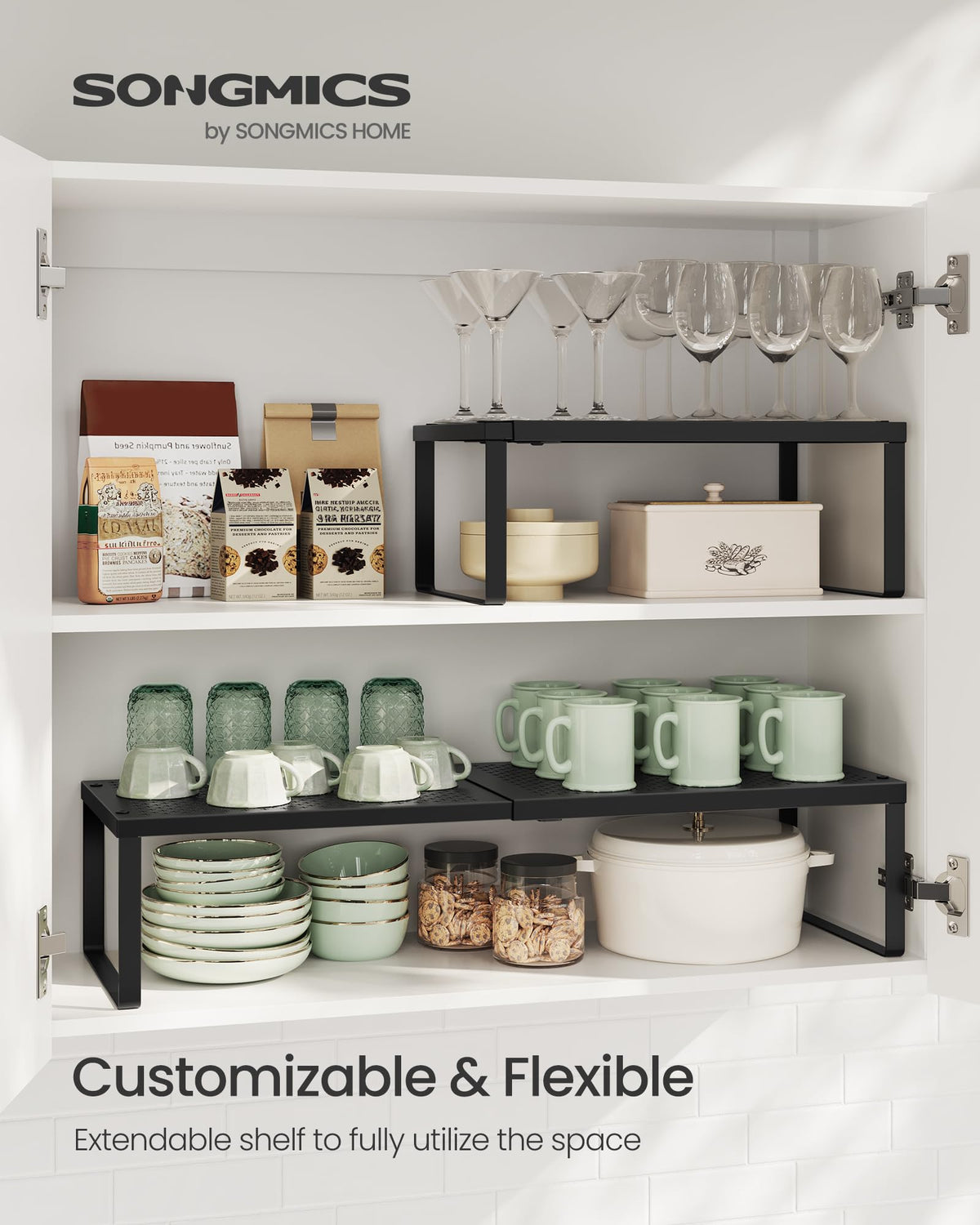 SONGMICS Spice Racks, Set of 2 Expandable Kitchen Countertop Shelves, Small Cupboard Organizers, Metal, Space-Saving Tabletop Shelves, Matte Black UKCS402B01