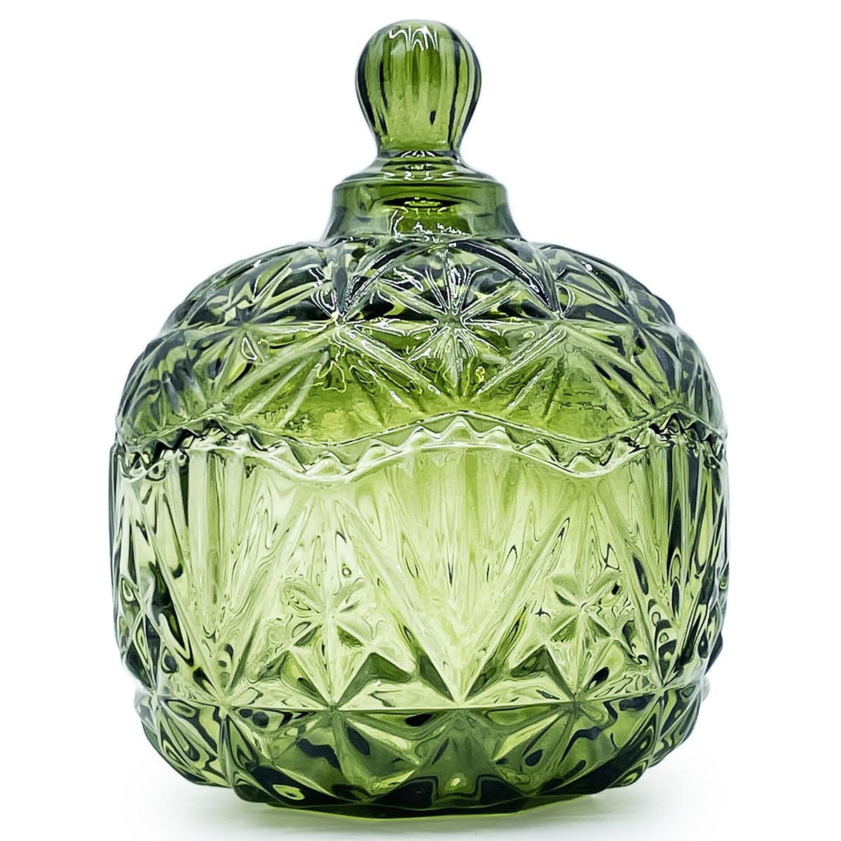 EWEIGEER Colorful Crystal Glass Candy Snack Barrel Storage Jar Embossed Luxury Cookie Buffet Canister With Lids Jewelry Box Jar Biscuit Containers(Olive Green Color)
