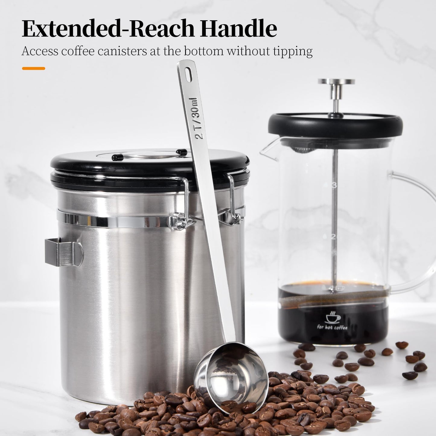 Lilybeam Long Handle Coffee Scoop: 8.6 Inch 18/8 Stainless Steel 2 Tablespoon Metal Measuring Spoon Tbsp Scoop for Coffee Beans, Grounds, Coffee Powder, Tea, Tall Jars (2Tbsp/30ml)