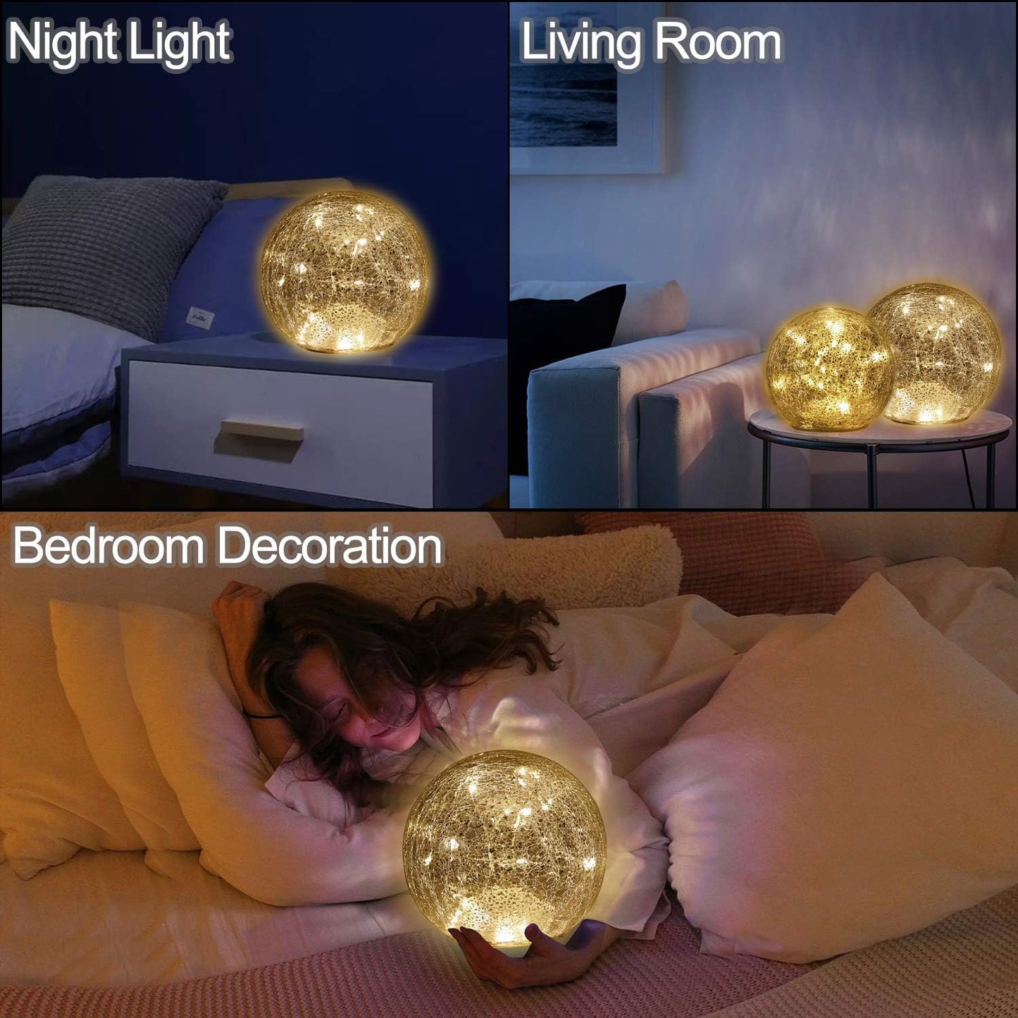 Mercury Crackle LED Glass Globe Ball Lamp with Timer, Battery Operated Night Light for Girls, Birthday, Halloween,Christmas - Decorative Gift for Home Warm White (with Timer)