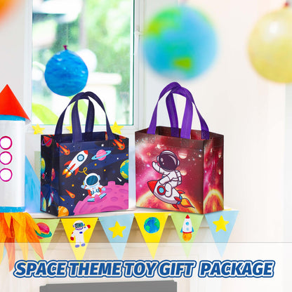 MiniInflat 24 Pcs Space Party Favor Bags Outer Space Non Woven Astronaut Gift Treat Bags with 24 Pcs Slap Bracelets, Reusable Galaxy Goodie Candy Bag with Handles for Astronaut Party Supplies