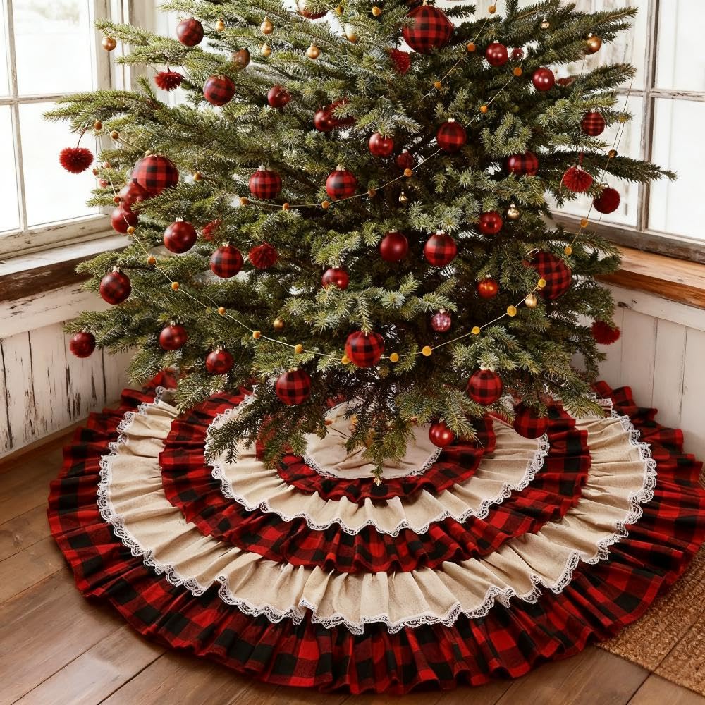 yuboo Burlap Buffalo Plaid Christmas Tree Skirt 48 inches, Red Farmhouse 6-Layer Ruffle Tree Skit with Lace Border for 5-7 FT Trees, Fall Thanksgiving Christmas Decorations