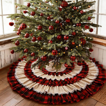 yuboo Burlap Buffalo Plaid Christmas Tree Skirt 48 inches, Red Farmhouse 6-Layer Ruffle Tree Skit with Lace Border for 5-7 FT Trees, Fall Thanksgiving Christmas Decorations