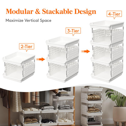 Lifewit Plastic Stackable Storage Baskets, 4 Tier Stacking Bins for Closet Wardrobe, Playroom, Kitchen and Pantry Organization, Large Capacity Multi-Functional Stackable Storage Containers Shelves