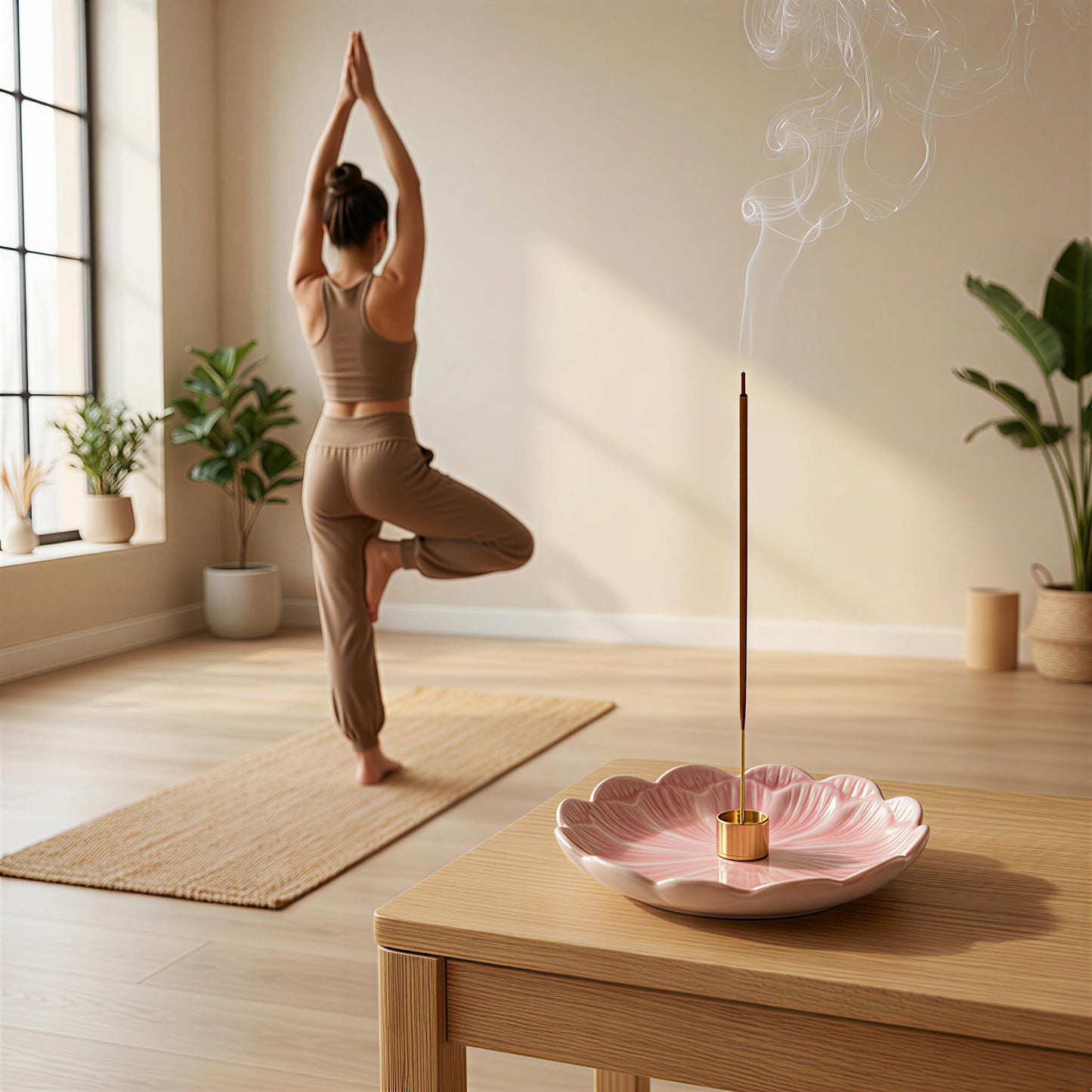 Pinehaven Pink Lotus Incense Holder – 5.5 Inch Hand-Sculpted Ceramic Tray with Ash Catcher, Brass 9-Hole Insert – for Incense Sticks, Cones, Palo Santo & Sage – Japanese Zen Home Décor for Meditation