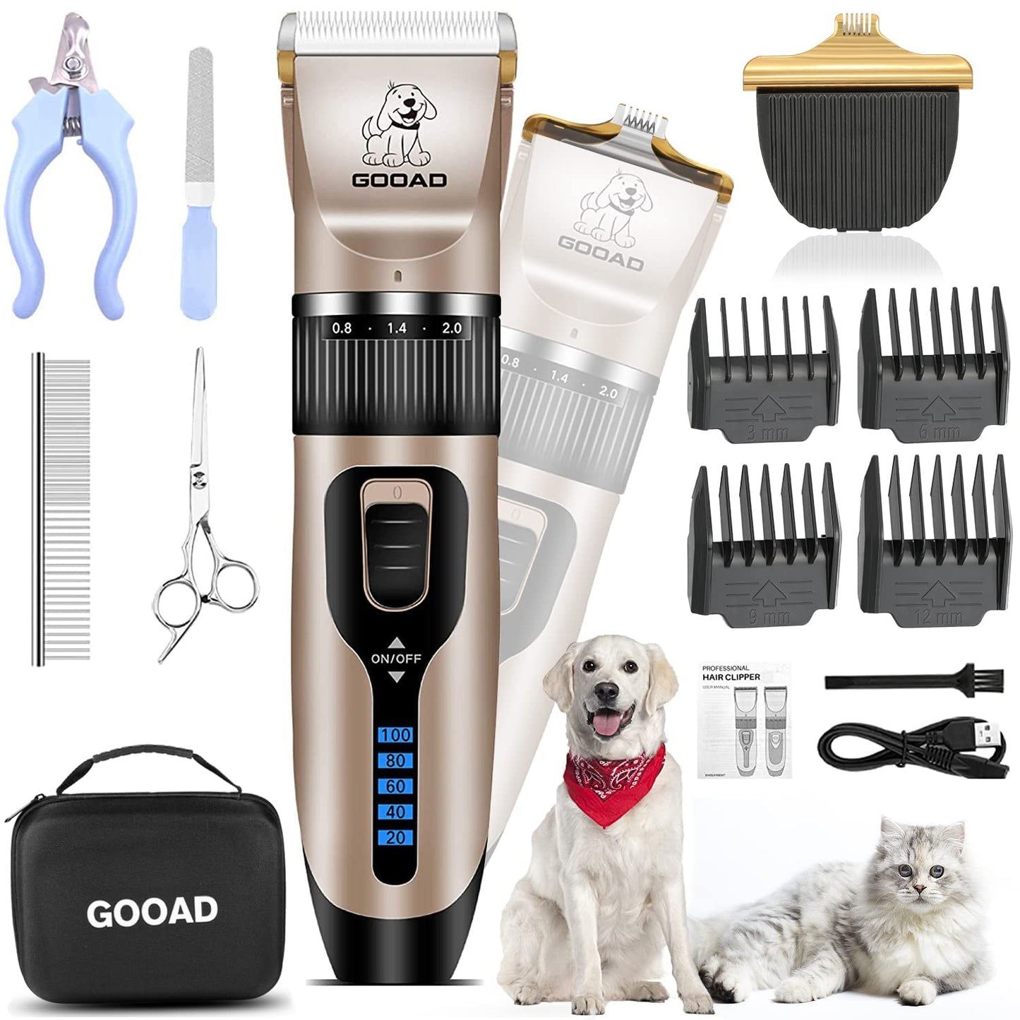 Gooad Dog Clippers Grooming Kit and Paw Trimmer,Cordless,Low Noise, Electric Quiet,Rechargeable, Dog Trimmer Grooming Tool, Pet Hair Clippers for Thick Coats,Shaver for Small and Large Dogs&Cats