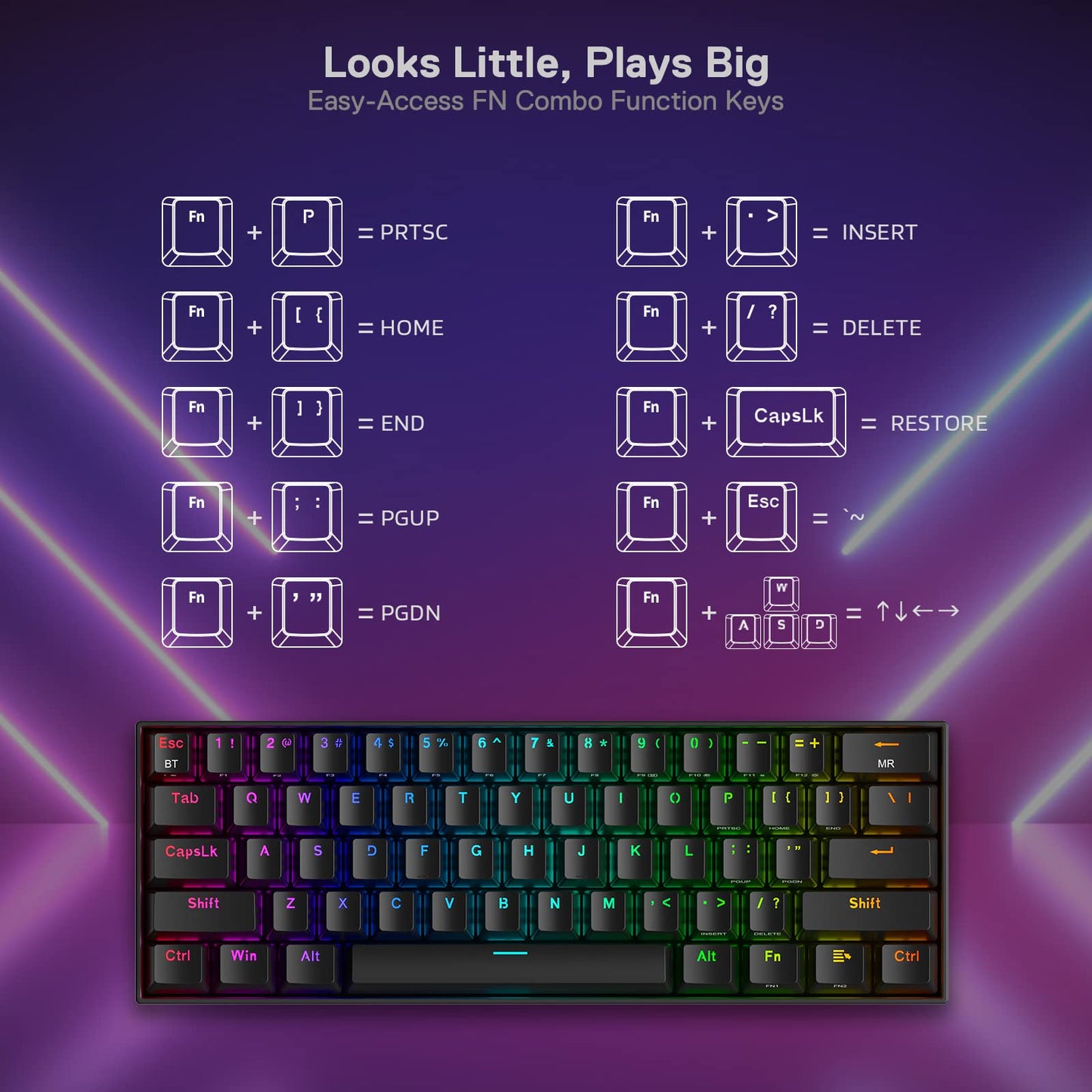 Redragon K530 Pro Draconic 60% Wireless RGB Mechanical Keyboard, Bluetooth/2.4Ghz/Wired 3-Mode 61 Keys Compact Gaming Keyboard w/100% Hot-Swap Socket, Free-Mod Plate Mounted PCB & Tactile Brown Switch
