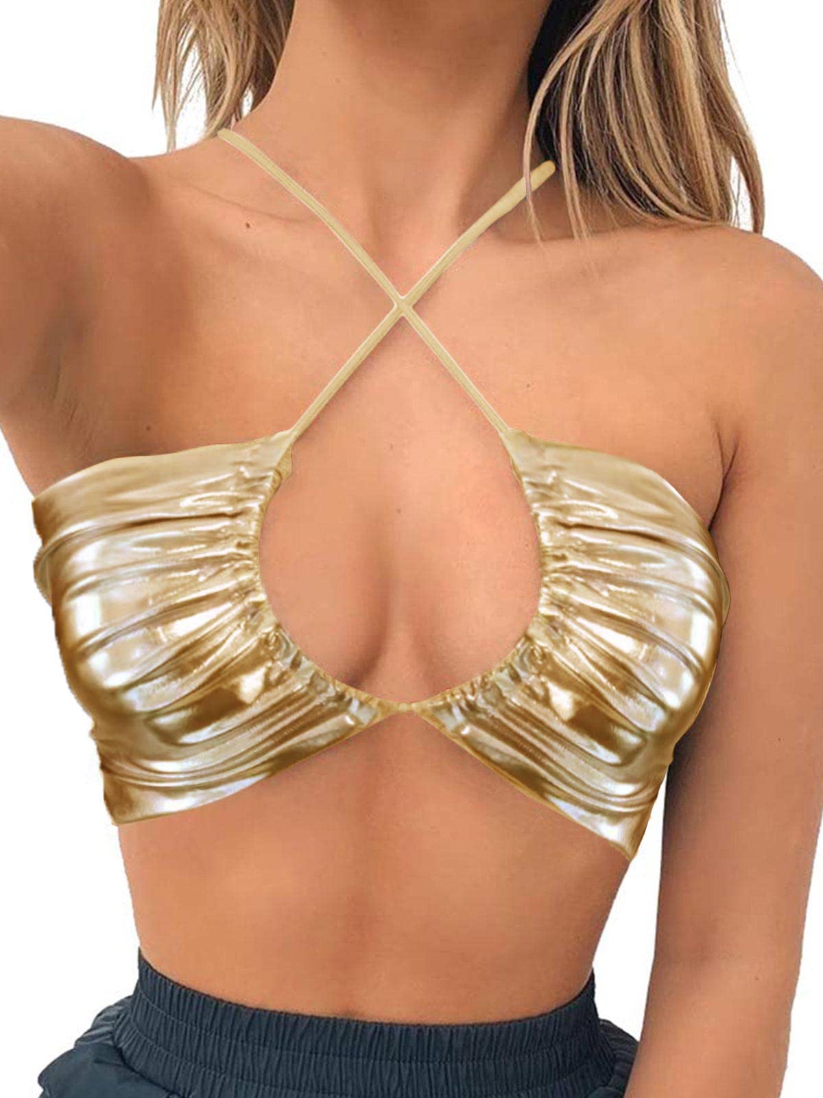 Krtwrnt Women's Gold Crop Halloween Bra Festival Clothing Halter Tie Bustier Space Cowgirl Sparkly Top Alien Costume Fairy Sexy Metallic Top S
