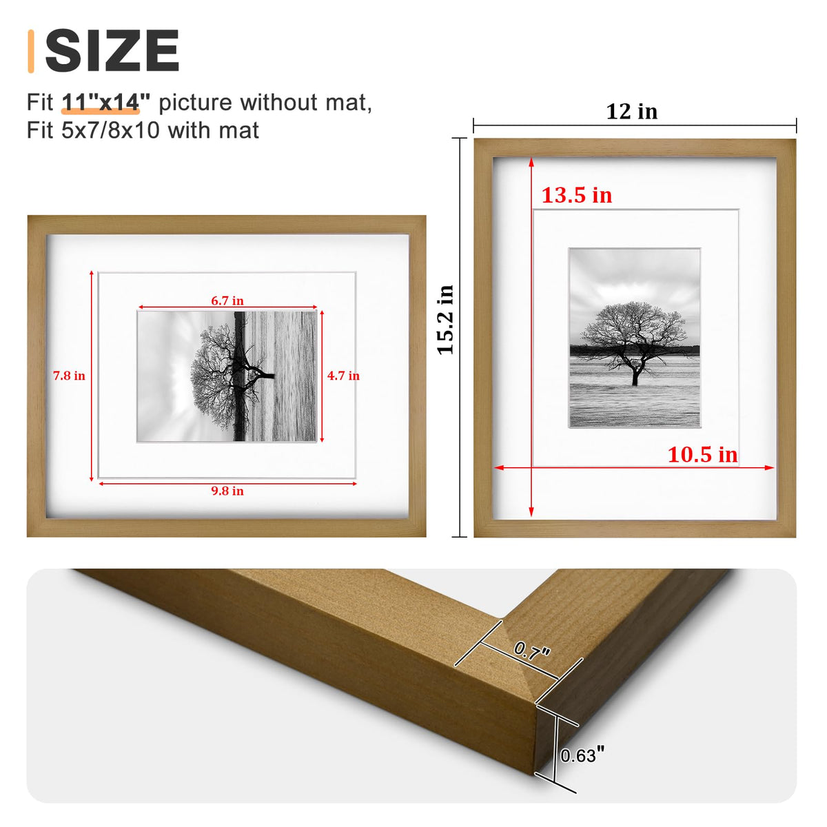 Egofine 11x14 Picture Frames 4 Pack Display Pictures 5x7/8x10 with Mat or 11x14 Without Mat Made of Solid Wood Covered by Plexiglass for Table Top Display and Wall Mounting Photo Frame, Light Brown
