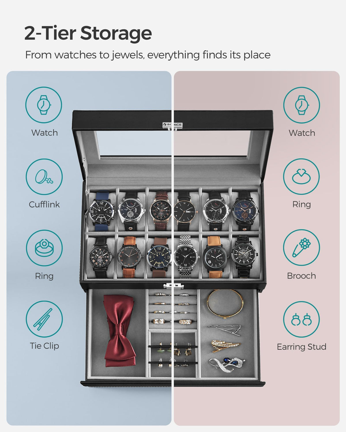 SONGMICS Watch Box, 12-Slot Watch Case Organizer with Large Glass Lid, 2 Layers, Removable Pillows, Metal Lock, Gift for Loved Ones, Black Synthetic Leather, Gray Lining UJWB012