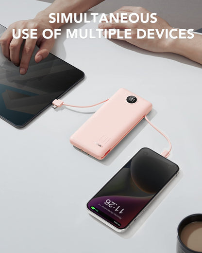 VRURC Portable Charger Built-in Cables and AC Wall Plug, USB C Power Bank 10000mAh, Travel Essentials Phone Charger Compact Lightweight External Battery Pack for Smart Phones, Tablets etc-Pink