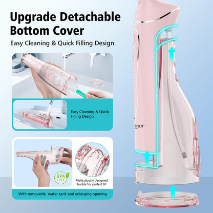 Leominor Water Flosser Pick for Teeth, 300ML Portable Oral Irrigator Upgraded Tank Removable,IPX7 Waterproof, Rechargeable Travel Teeth Cleaner, Professional Electric Flossing Machine (Pink)