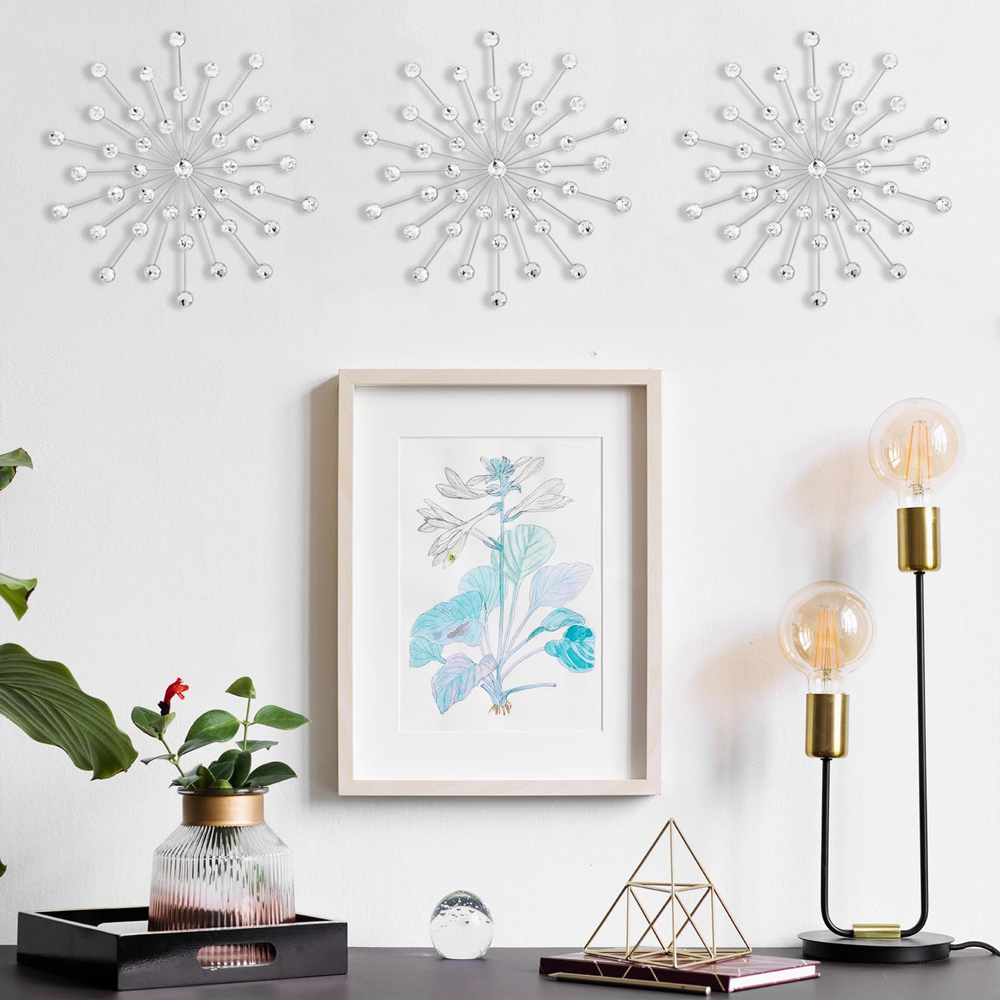 SIYIKRYP Set of 3 Crystal Sunburst Wall Decor – 11.8" Silver Metal Wall Art with Rhinestone Accents – Modern 3D Starburst Hanging Ornaments for Living Room, Bedroom, Office