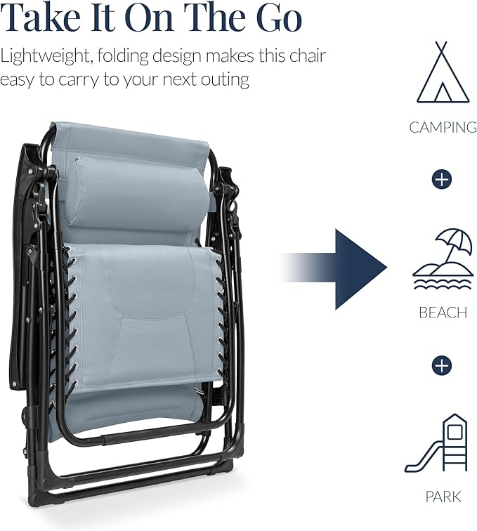 Best Choice Products Oversized Padded Zero Gravity Chair, Folding Outdoor Patio Recliner, XL Anti Gravity Lounger for Backyard w/Headrest, Cup Holder, Side Tray, Polyester Mesh - Breeze Blue