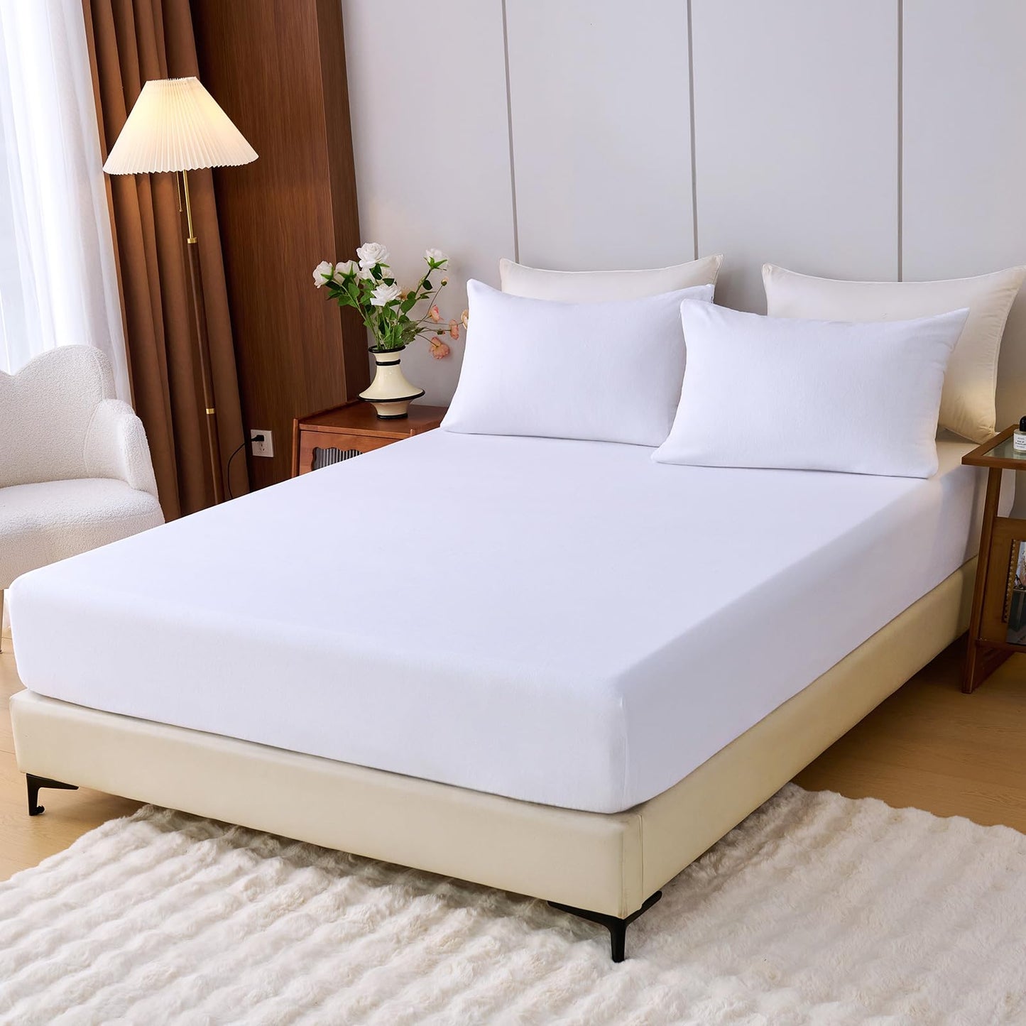 LANYETON 100% Cotton Flannel Fitted Sheet Only, Ultra Soft Cozy Warm Fitted Bottom Sheet for All Season, 16" Deep Pocket, White, King
