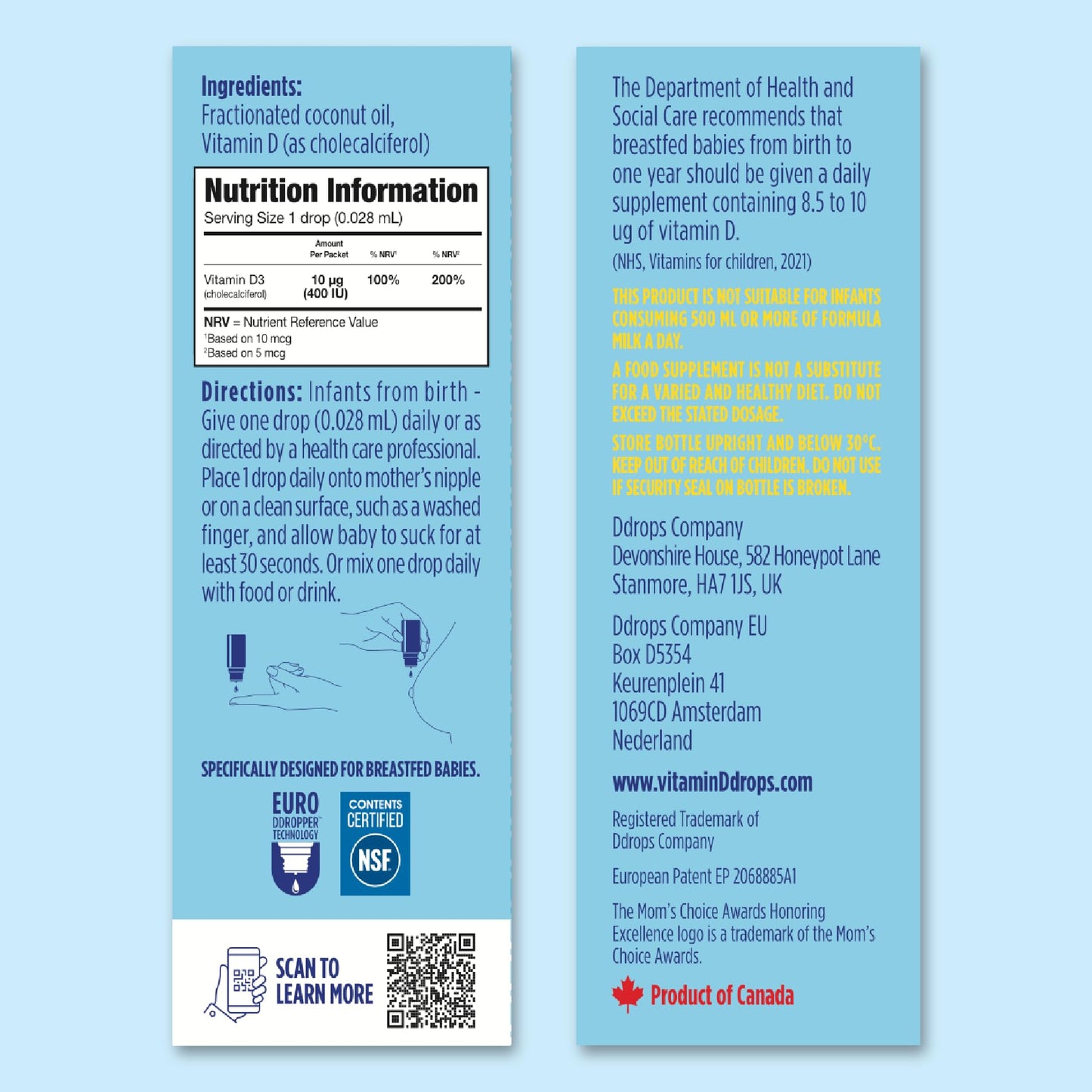 Baby Ddrops 10 µg 60 Drops - Daily Vitamin D3 Supplement for Infants and Young Children - Supports Teeth & Bone Health - No Preservatives, No Taste, Non-GMO, Allergy-Friendly.
