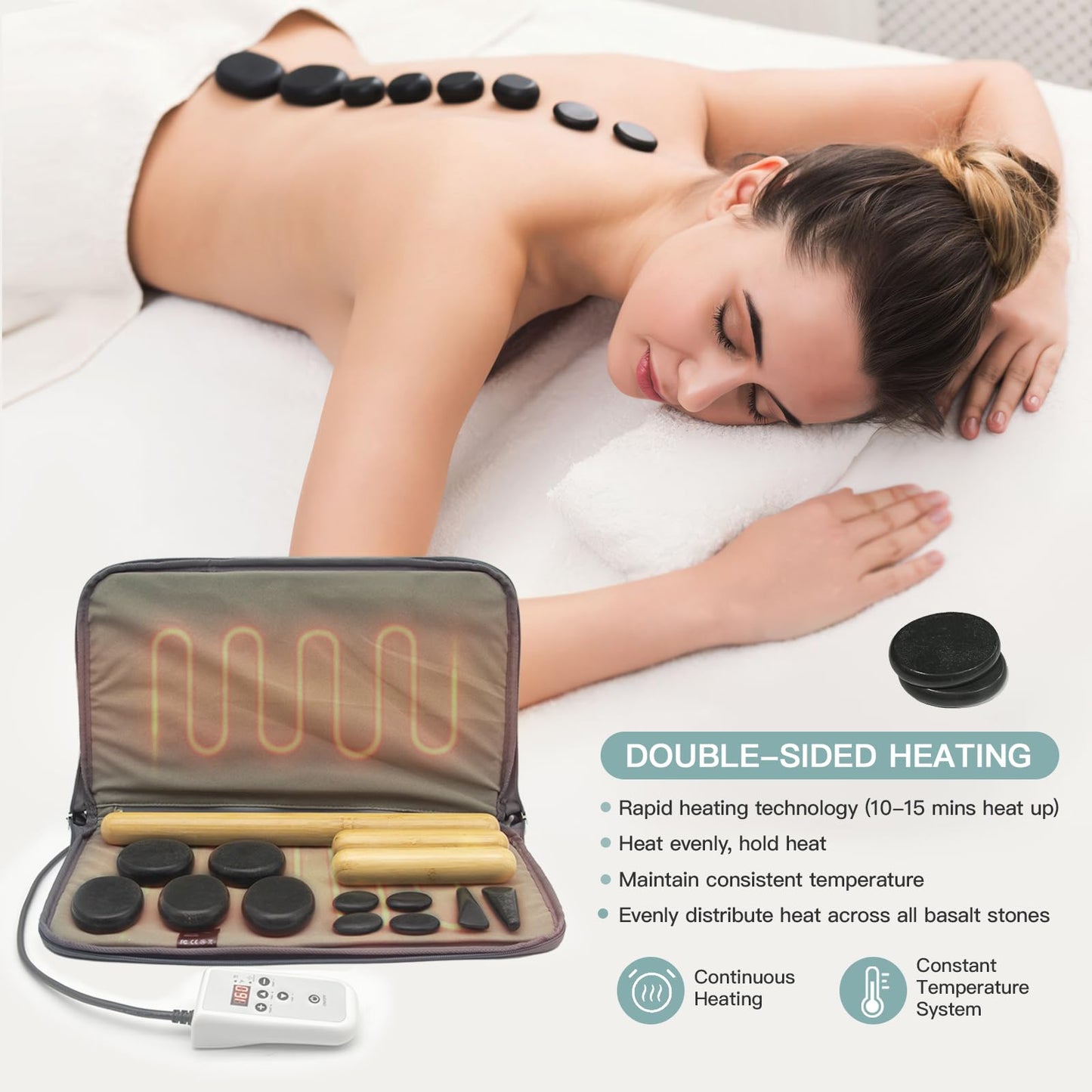 Goodtar Massage Stones Set with Warmer Kit Hot Rocks Bamboo for Massage Hot Stones Massage Warmer Kit with Temperature Control and Carry Bag for Home Use (11 Stones and 3 Sticks) Suitable for Gifting