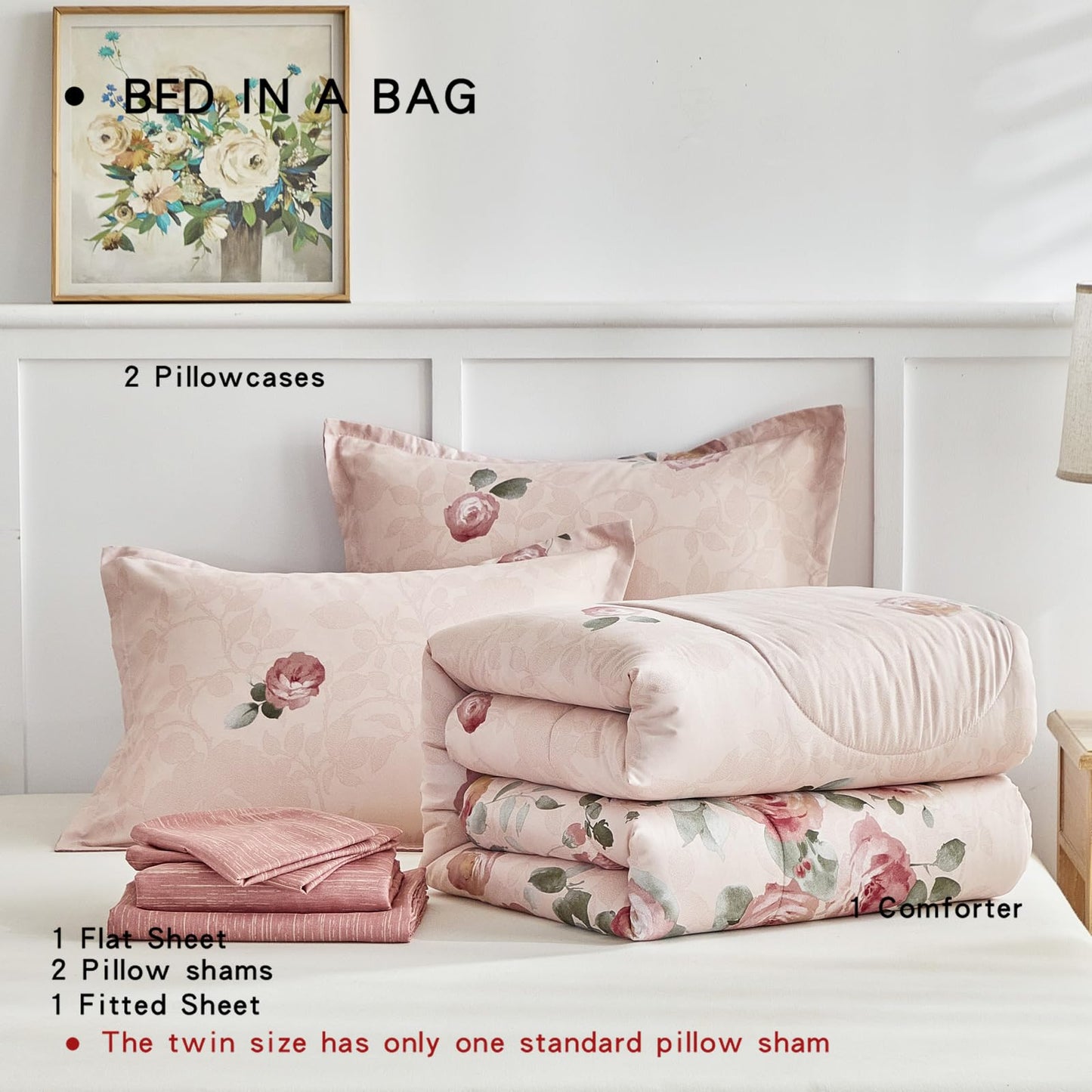 AIKASY Pink Queen Comforter Set with Sheets,Bed in a Bag 7-Pieces,Palm Tree Totem Printing Design,Ultra Soft Down Alternative All Season Bedding Set(Queen, Pink)