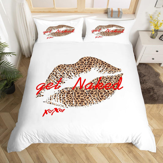 Feelyou Funny Get Naked Bedding Set Girls Lady Women Leopard Pattern Lips Comforter Cover Couple Lover Romantic Duvet Cover White Red Brown Kiss Bedspread King Size Bedding Collection (No Comforter)
