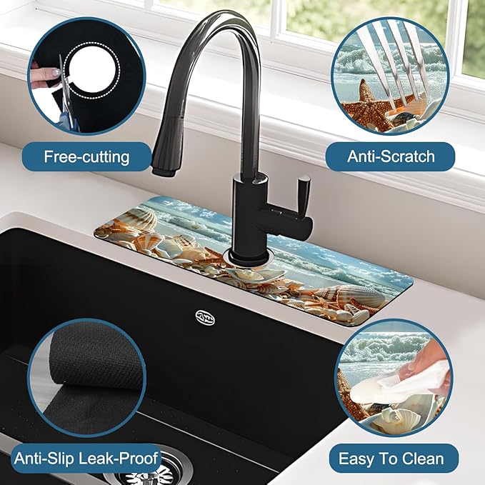 Beach Kitchen Sink Splash Guard Faucet Mat Shells Starfish Waves Super