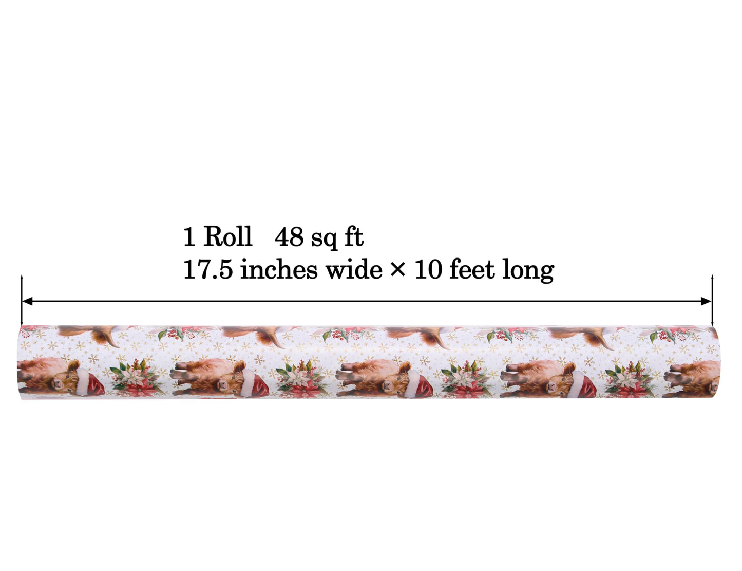 ZINTBIAL Highland Cow Reversible Christmas Wrapping Paper Roll - Gift Wrap with Red & White Stripes on Reverse - Perfect for Holidays, Birthdays, and Halloween - 17.5 in x 33 ft (48 sq. ft)