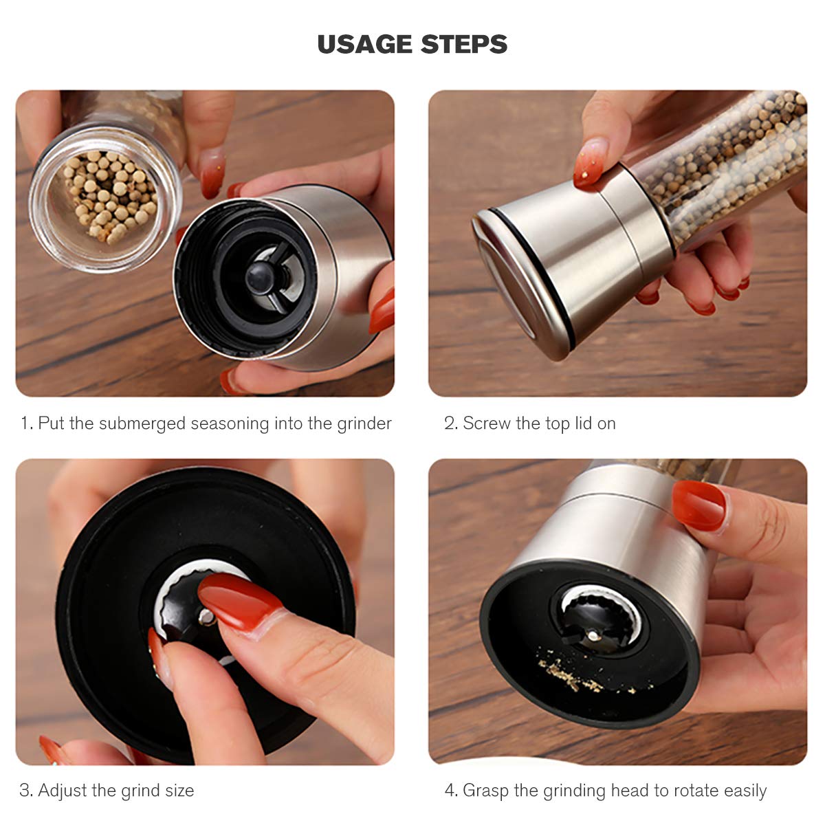 bonris Premium Salt and Pepper Grinder Set with Stand Stainless Steel Manual Spice Adjustable Coarseness with Five Grinding Level Pepper Mill Grinders Shakers Set with Silicone Funnel (Pack of 2)