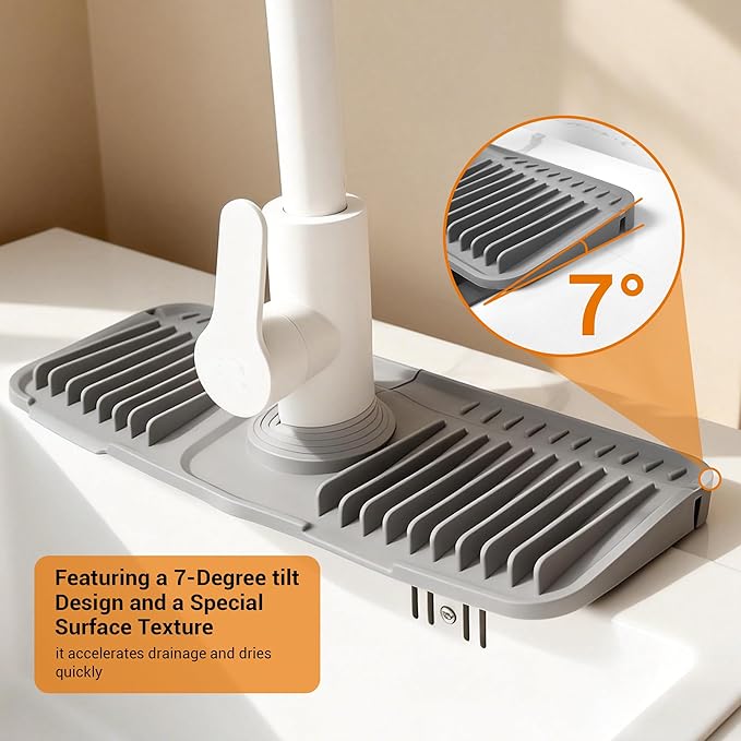 Faucet Mat for Kitchen Sink, Snap-On Design & 7°slope Fast Drain, Folding Sink