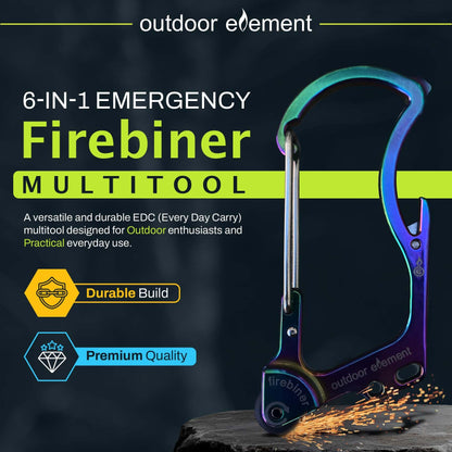 OUTDOOR ELEMENT Firebiner® 6-in-1 Survival Multitool Carabiner EDC Keychain with EverSpark™ Fire Starter, Utility Blade, Bottle Opener & Screwdriver – Unique Gift for Outdoor Adventure – Blue River