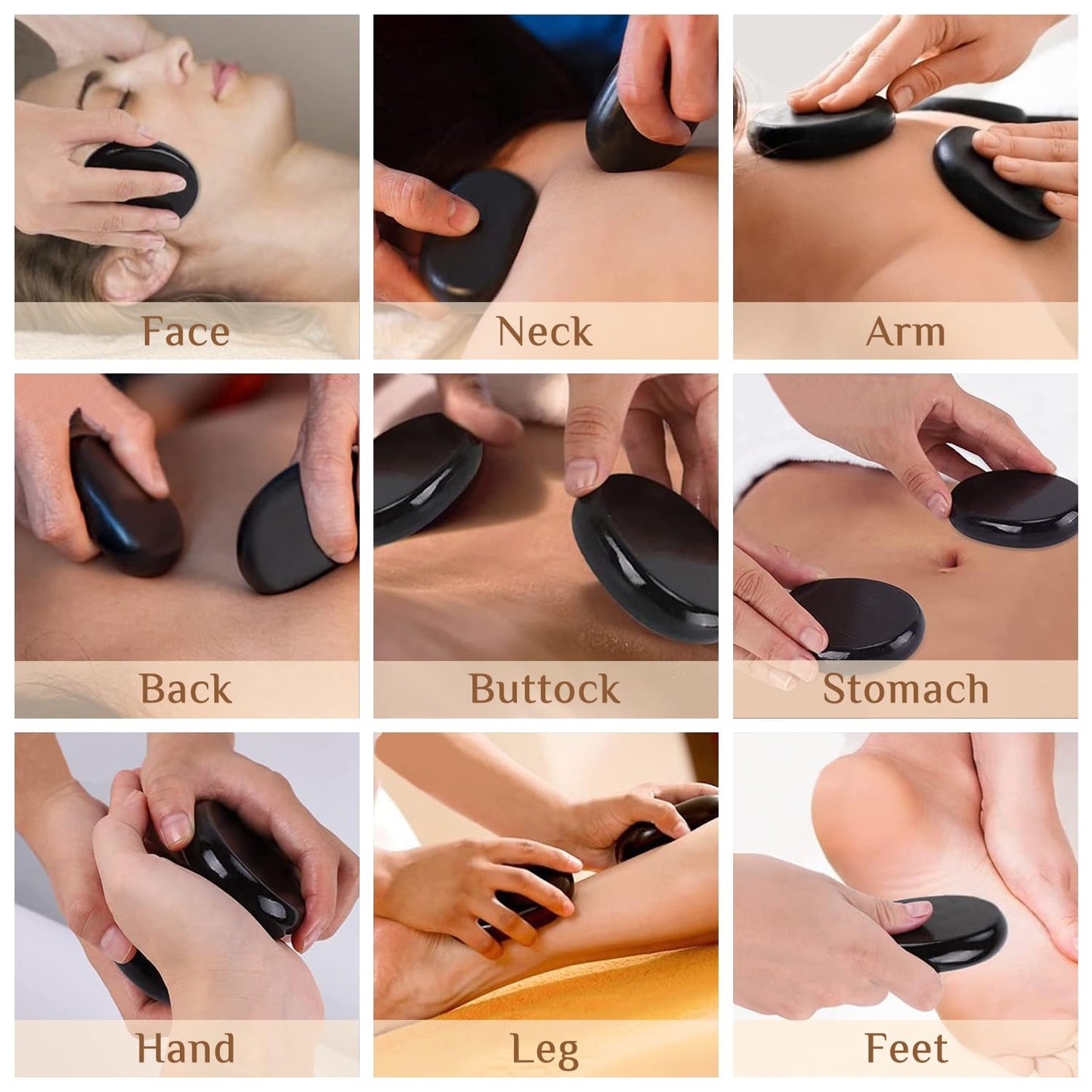 HDYAR 7 Pieces Hot Stones Massage Set - 6 Large Oval Massage Stones for Body Massage and 1 Heart-Shaped Basalt Stone Gua Sha Tool for Face Hot Rocks for Home Spa, Relaxing, Pain Relief