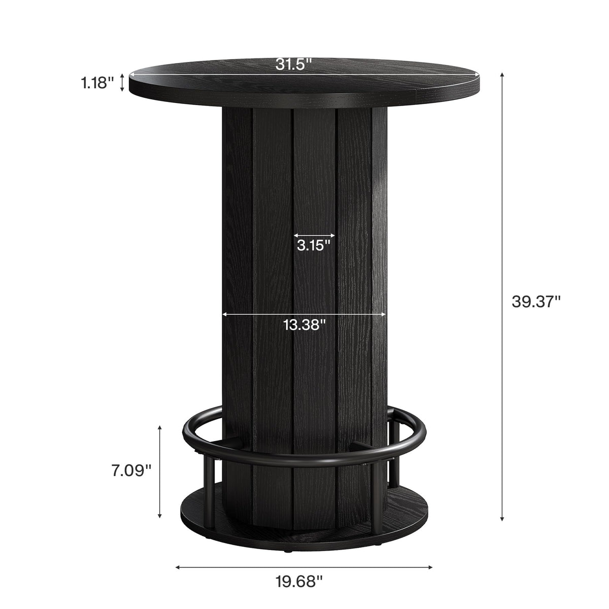 Tribesigns Round Bar Table, 39.4" H Wood Bistro Pub Table with Metal Ring Footrest for Dining Coffee Cocktail Living Room, Small Space, Black (Only Table)