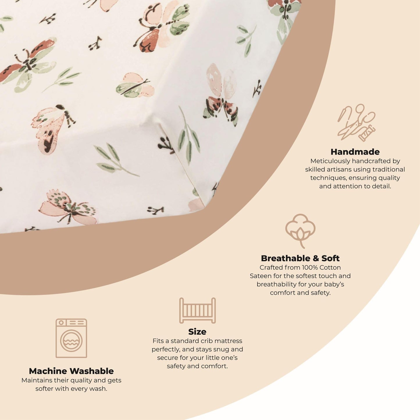 Crane Baby Crib Sheet - 100% Cotton, Breathable Fitted Sheet for Standard Crib Mattress (28"x 52"), Butterfly Pattern for Boys and Girls