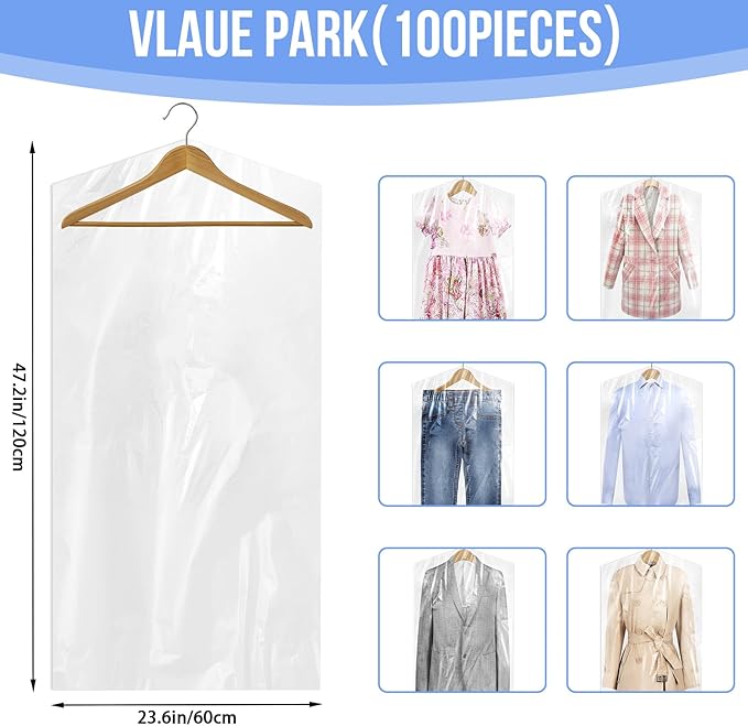 100 Pack Dry Cleaning Bags, 60x120 cm Clear Plastic Garment Bags