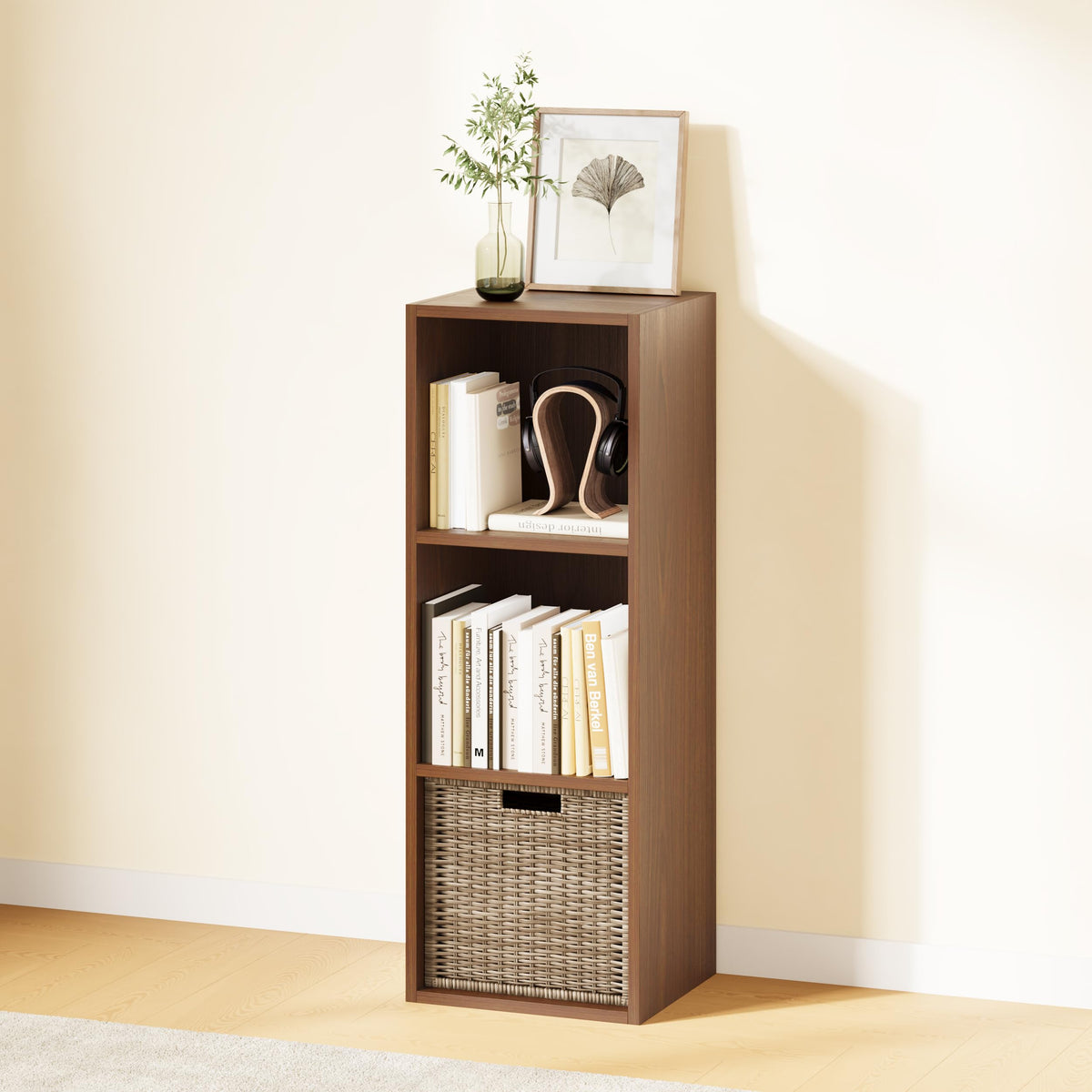 IOTXY DIY Modular Cube Bookcase - CubeXY Customizable Stackable Expandable Basic Shelving Units, 3-Cube Wooden Open Bookshelf for Fabric Storage Bin Organizer, Walnut