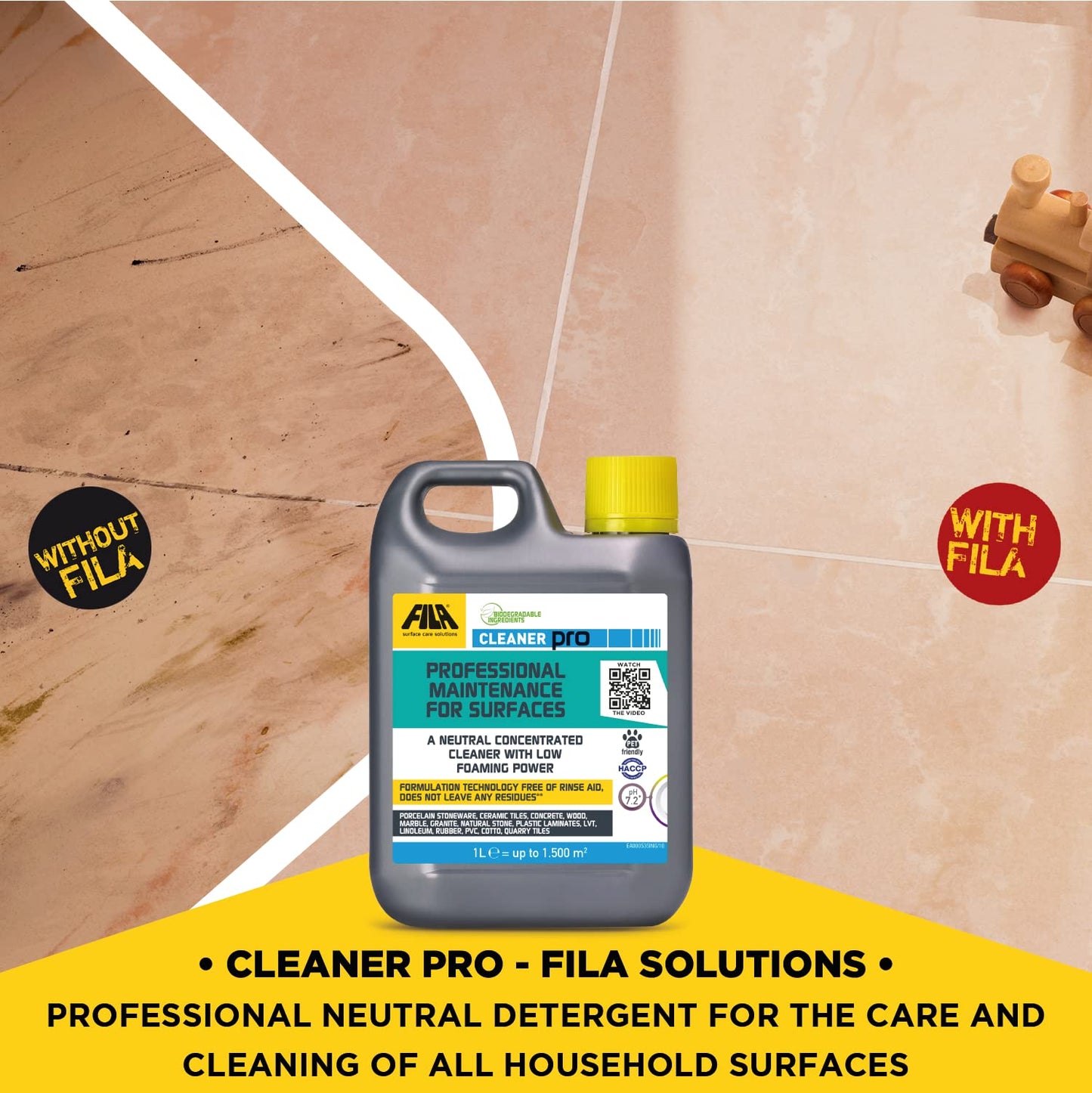FILA Surface Care Solutions, CLEANER PRO, Concentrated Neutral Detergent - Up to 40 Washes - Hard Floor Cleaner Liquid for Floor Tiles in Marble, Porcelain, Stone etc, Laminate Floor Cleaner, 1L