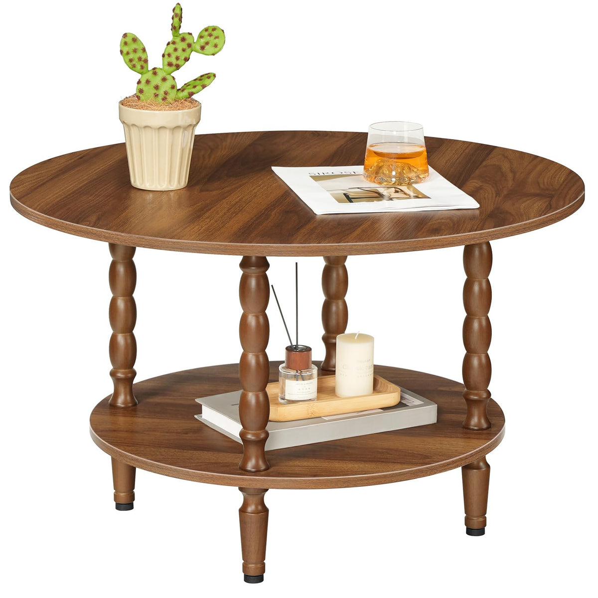 HOOBRO Coffee Table, 2-Tier Round Coffee Table, Mid-Century Modern Coffee Table for Living Room, Center Table with 2-Tier Open Storage Shelf, Home Office, Walnut WL75KF01