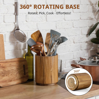 Bivvclaz Acacia Wood Utensil Holder, 360°Rotating 7.2" Utensil Holder for Kitchen Counter, Large Kitchen Utensil Holder, Cooking Utensil Crock for Countertop, Farmhouse Kitchen Decor and Accessories