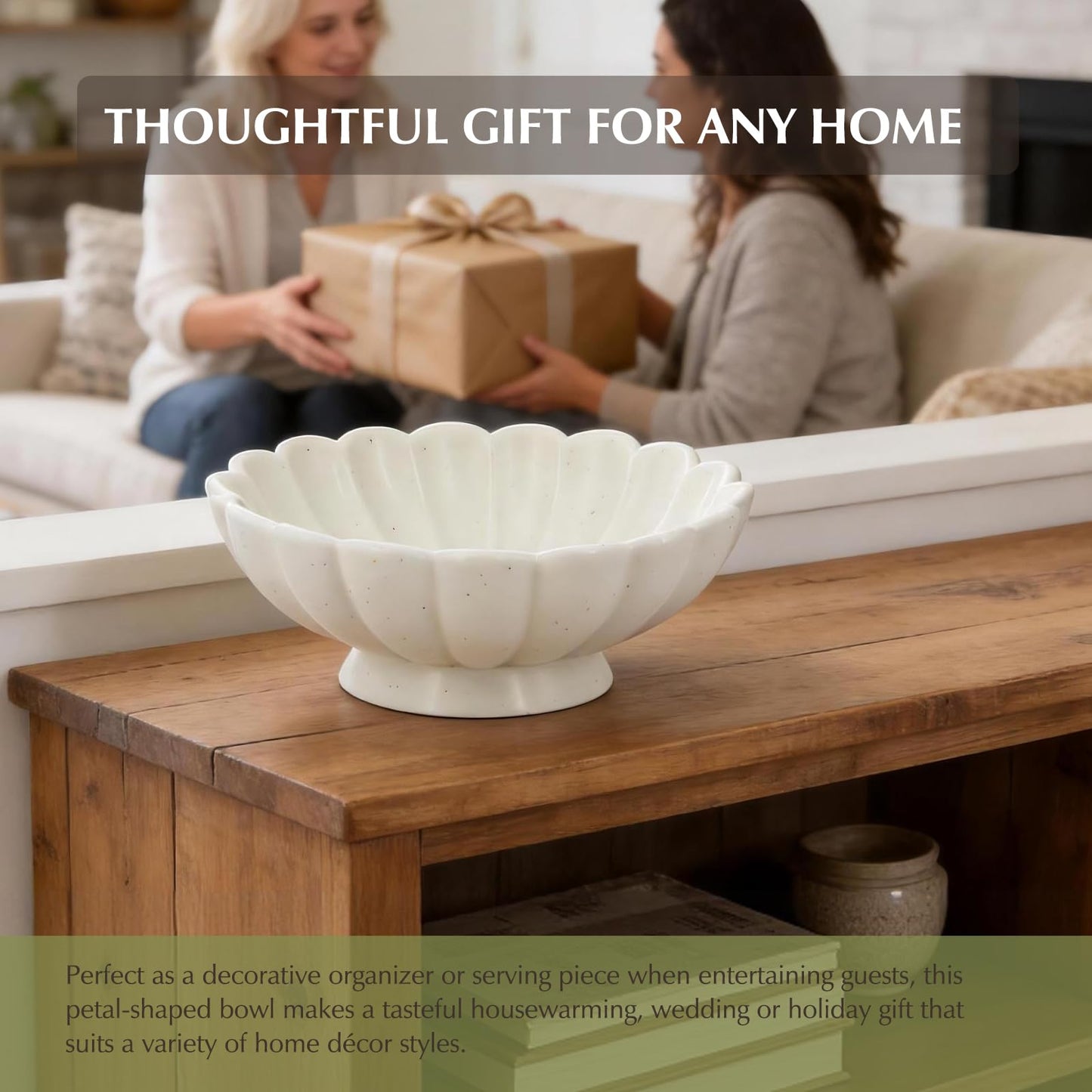 8-Inch Fluted Ceramic Decorative Bowl,Small White Fruit Bowl for Kitchen Counter,Key Bowl for Entryway Table,Handcrafted Pedestal Bowl for Coffee Table, Dining Room Centerpiece,House Warming Gift