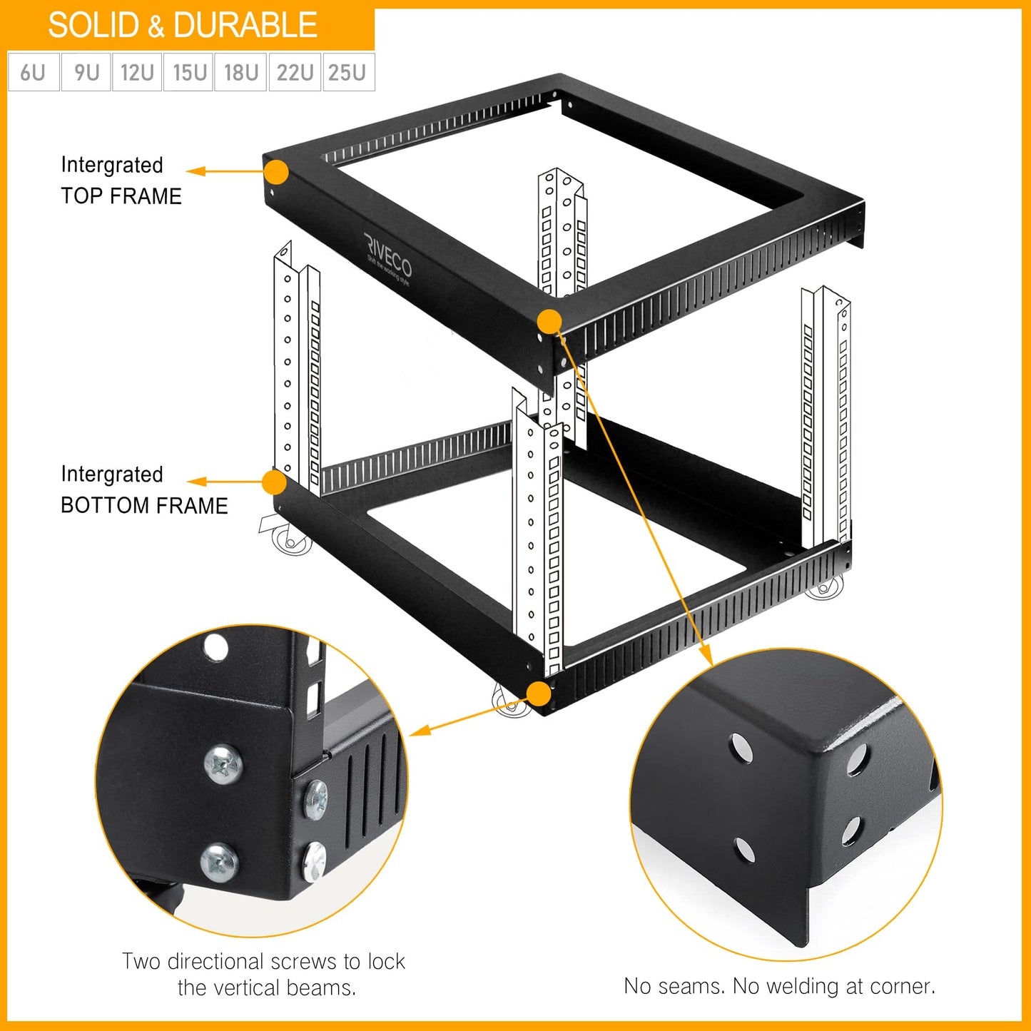 RIVECO 9U Open Frame Server Rack with Wheels + PDU (8 Outlets) Power Strip Surge Protector (1u Rack Shelf 1pcs +PDU)