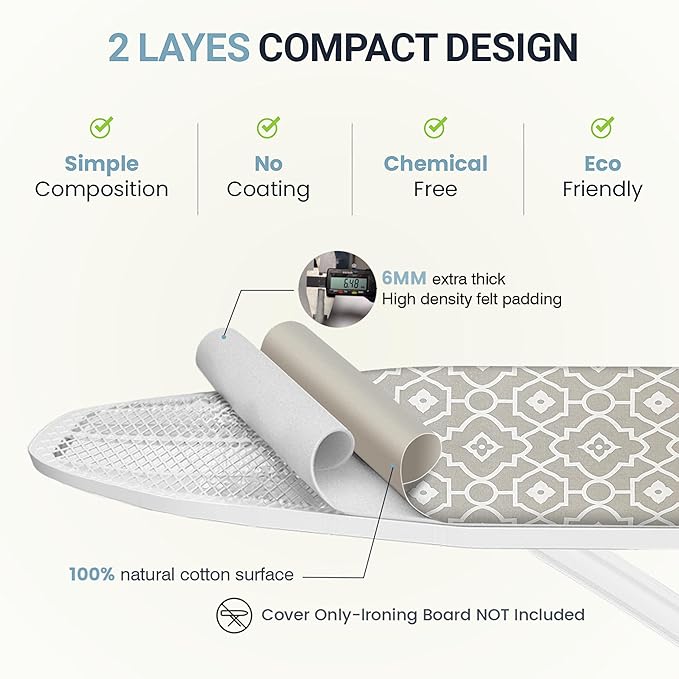 Ironing Board Cover and Pad 18"x54" Extra Thick Natural Cotton Scorch & Stain