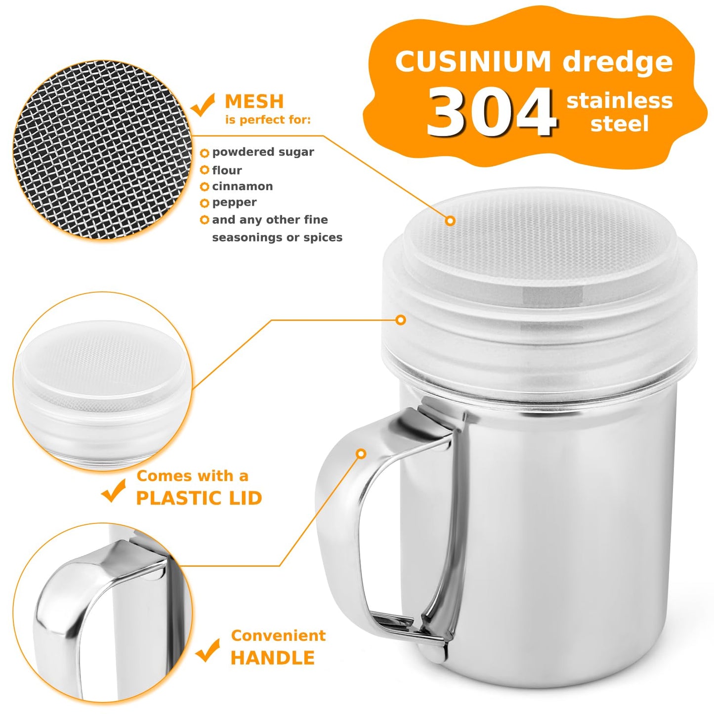 Accmor 7oz Powdered Sugar Shaker Duster Set, Flour Sifter Cinnamon Shaker Stainless Steel Fine Mesh Dredges Shakers for Cinnamon Flour Salt Pepper Baking