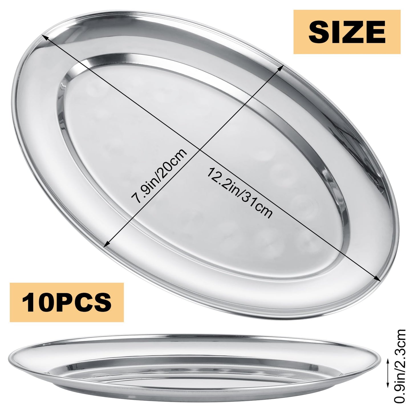 AKOLAFE 10PCS Sizzle Platter for Serving Food Medium Serving Trays for Party Buffet Oval Serving Platter Set Silver Tray Decorative Metal Trays Stainless Steel Tray Long Sizzler Plates for Sushi Snack