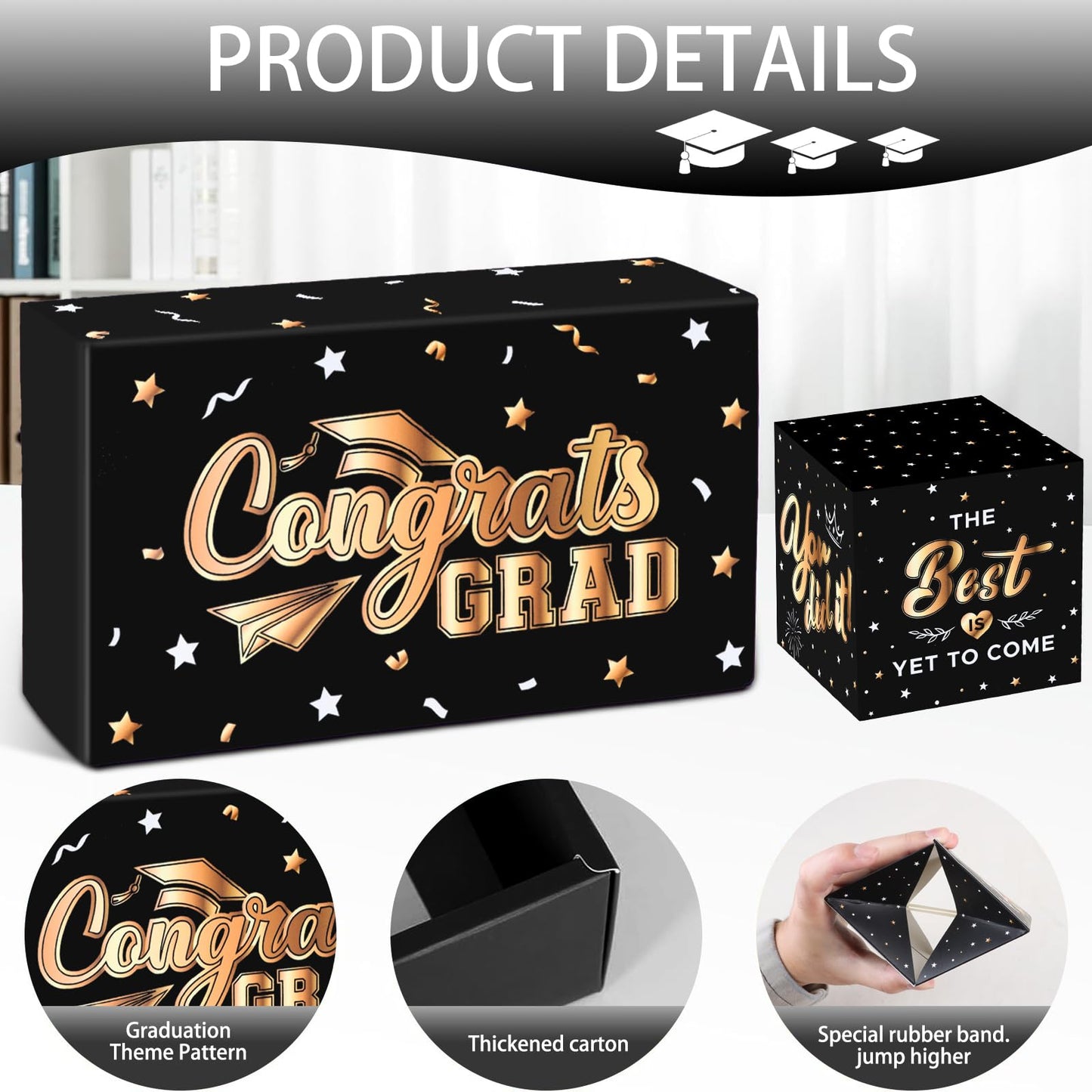 WenmthG 2026 Graduation Surprise Gift Box Explosion for Money - 10 Pcs Grad Pop Out Folding Bounce Money Gift Box with Confetti - Cash Gift Idea for Grad - Graduation Money Bank Party Supply (Black Gold)