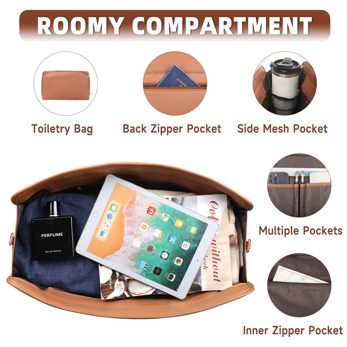 Bolosta Travel Duffle Bag for Men Women, PU Leather Duffel Bag for Traveling, Large Carry on Weekender Overnight Bag with Shoe Compartment, Perfect for Travel/Daily Use
