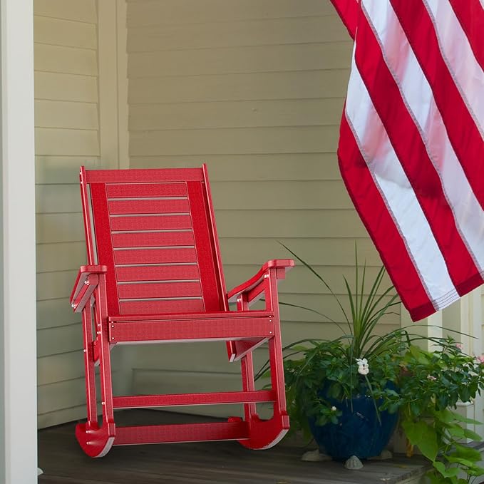 GREENVINES Outdoor Rocking Chairs | Porch Rocker | HDPE Plastic | Red | Oversized Rockers | High Back | Big & Tall | Ladder Back | for Patio Outside Backyard Balcony Garden