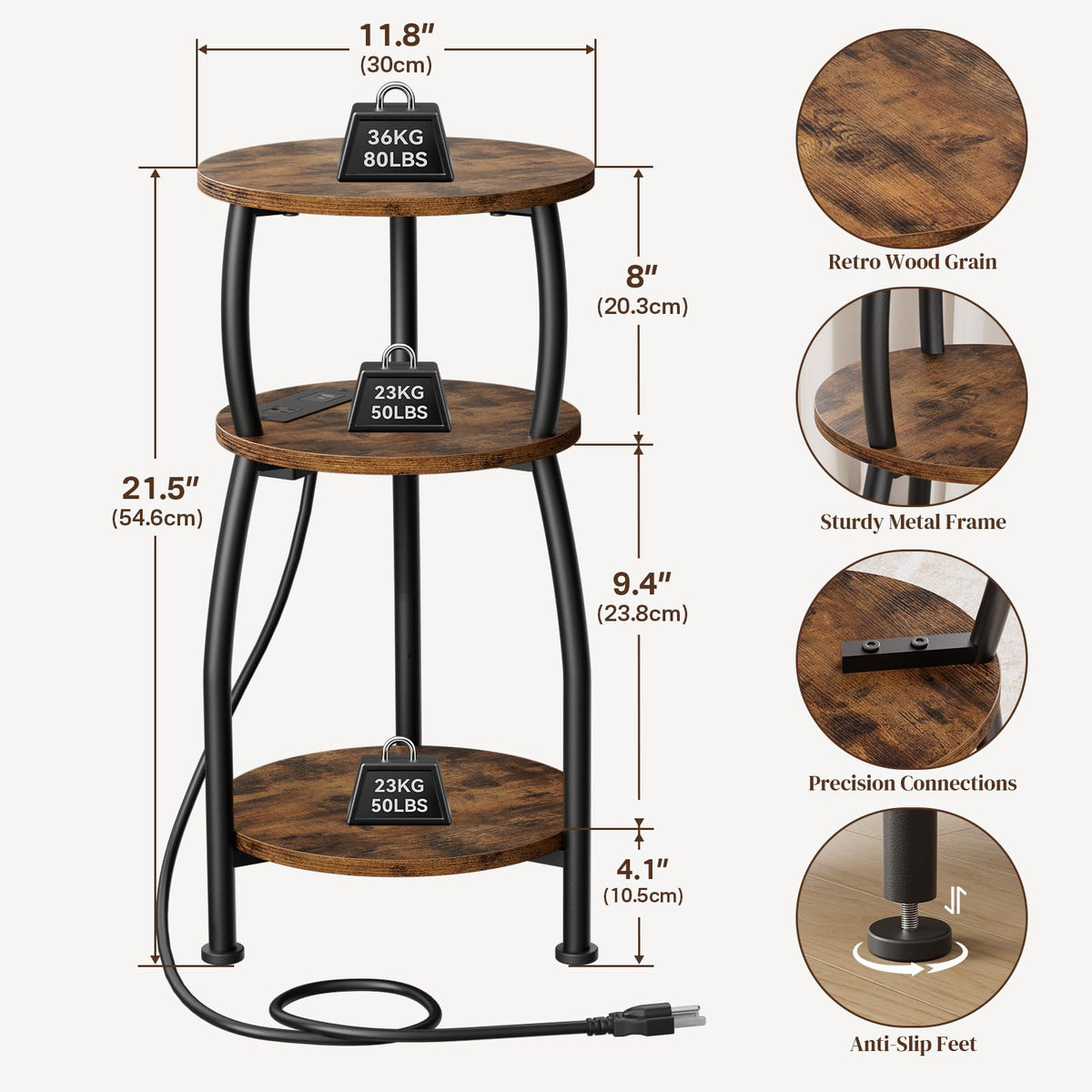 Yuede Round Side Table with Power Outlet & USB Ports, 3-Tier End Table with Storage Shelf, Modern Rustic Nightstand, Small Spaces Accent Table for Living Room Bedroom, Easy Assembly, Rustic Brown