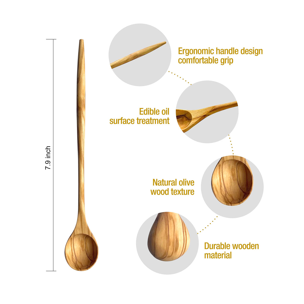 WONDERFUL 100% Natural Olive Wood Long Handle Spoons for Coffee, Tea, Milkshake Kitchen Stirring, Cocktail Stirrer; Mixing Honey Spoon, Chef Tasting Spoons(4 pcs)